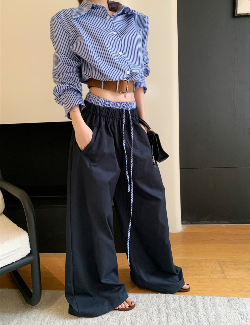 Stripe wide leg pants loose shirt a set for women
