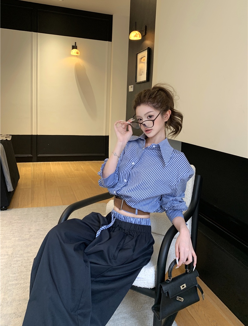 Stripe wide leg pants loose shirt a set for women