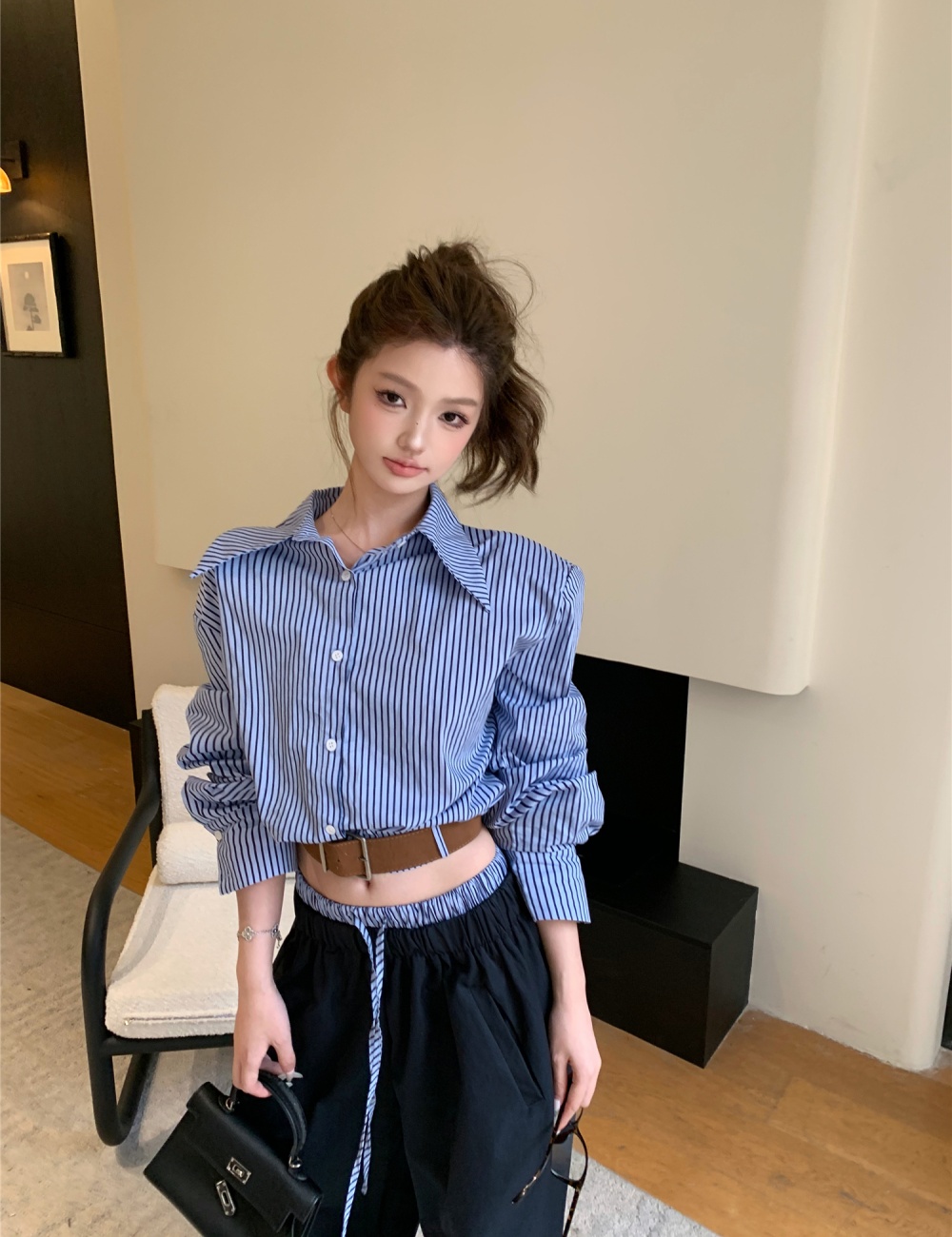 Stripe wide leg pants loose shirt a set for women