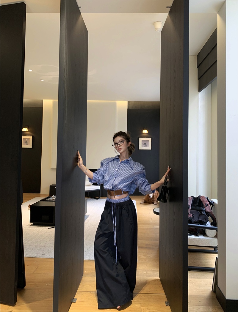 Stripe wide leg pants loose shirt a set for women