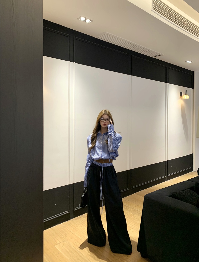 Stripe wide leg pants loose shirt a set for women