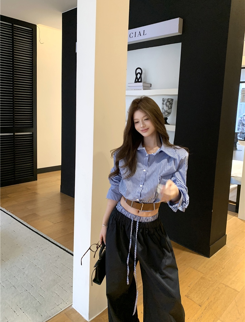 Stripe wide leg pants loose shirt a set for women