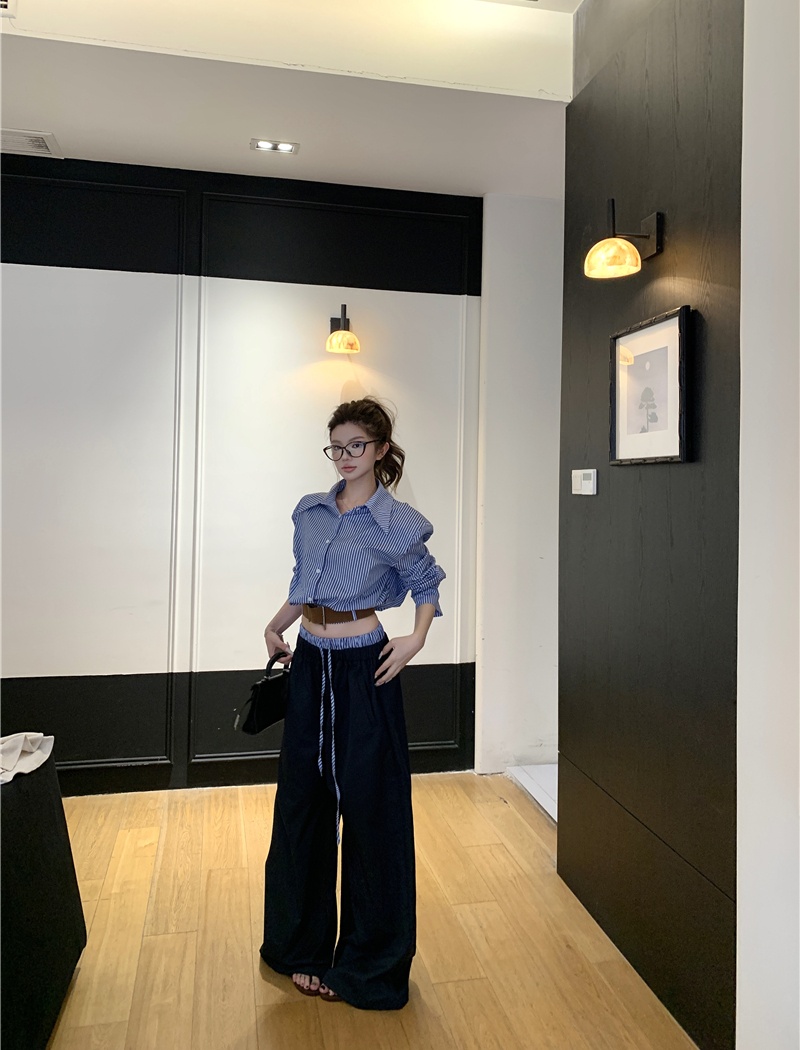Stripe wide leg pants loose shirt a set for women