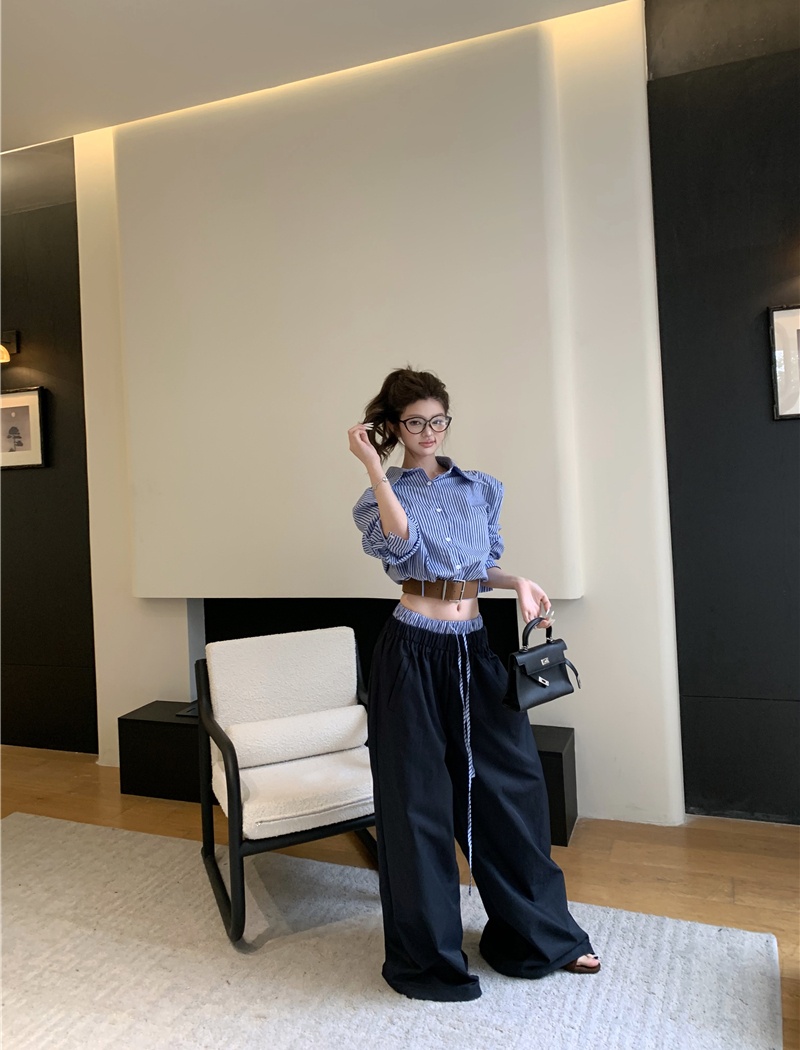 Stripe wide leg pants loose shirt a set for women