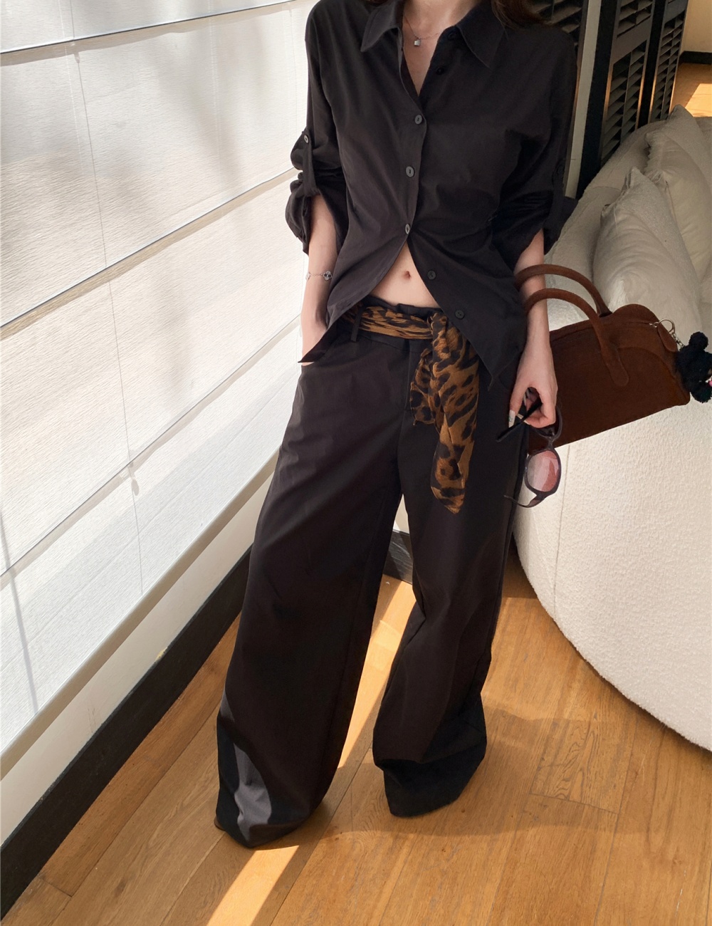 Long sleeve Casual long pants black shirt a set