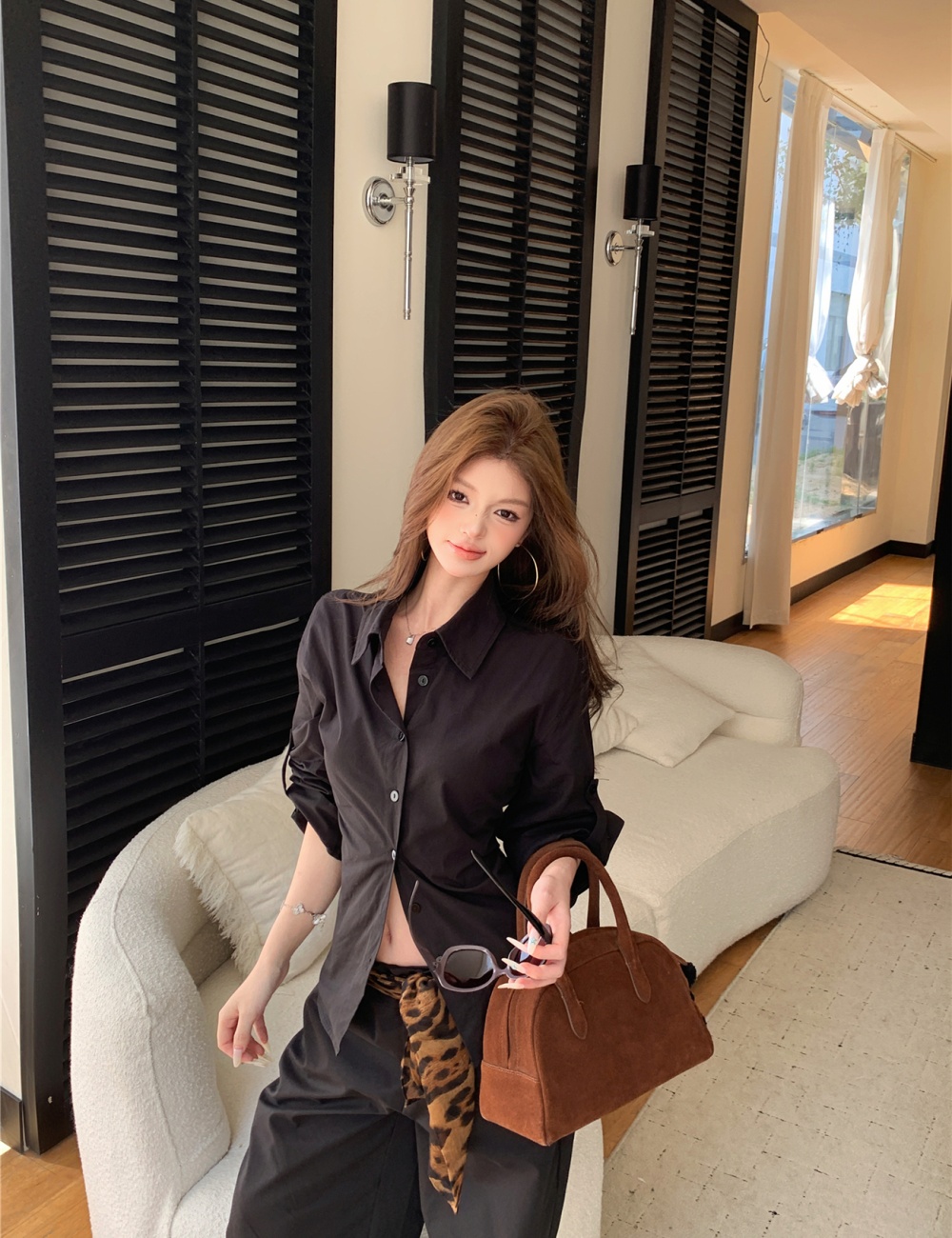 Long sleeve Casual long pants black shirt a set
