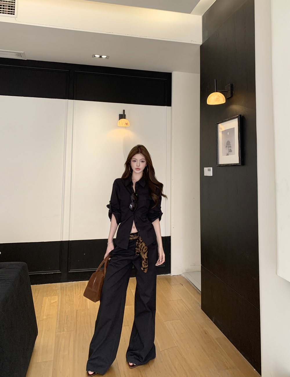 Long sleeve Casual long pants black shirt a set