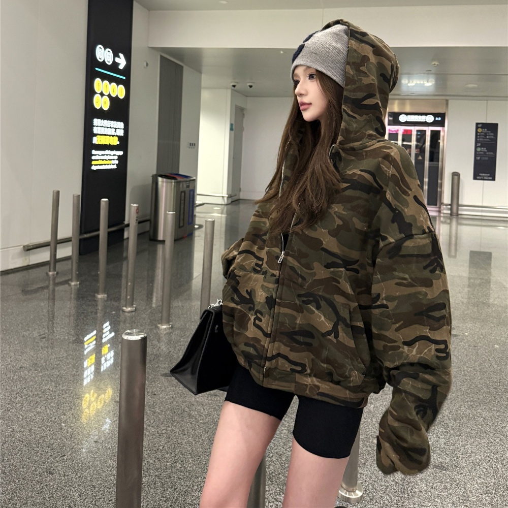 Loose camouflage hooded cardigan Casual zip coat