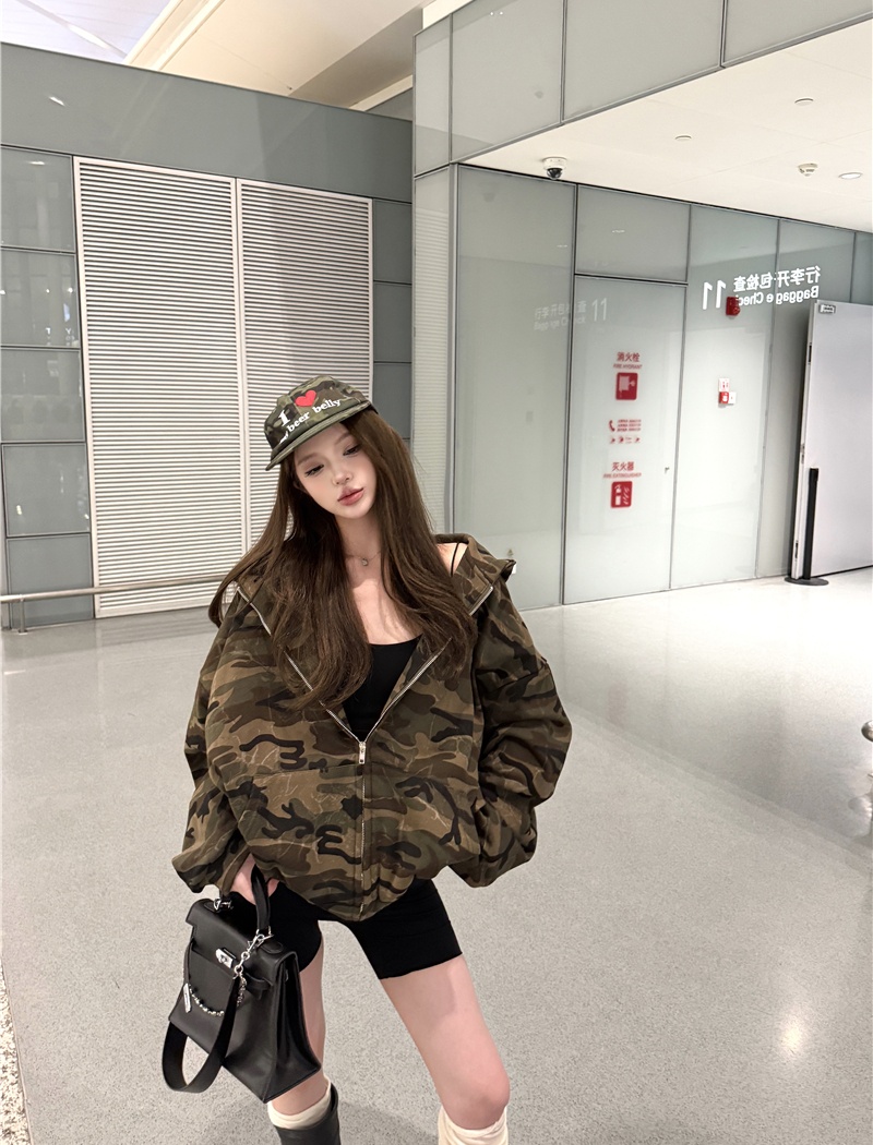 Loose camouflage hooded cardigan Casual zip coat