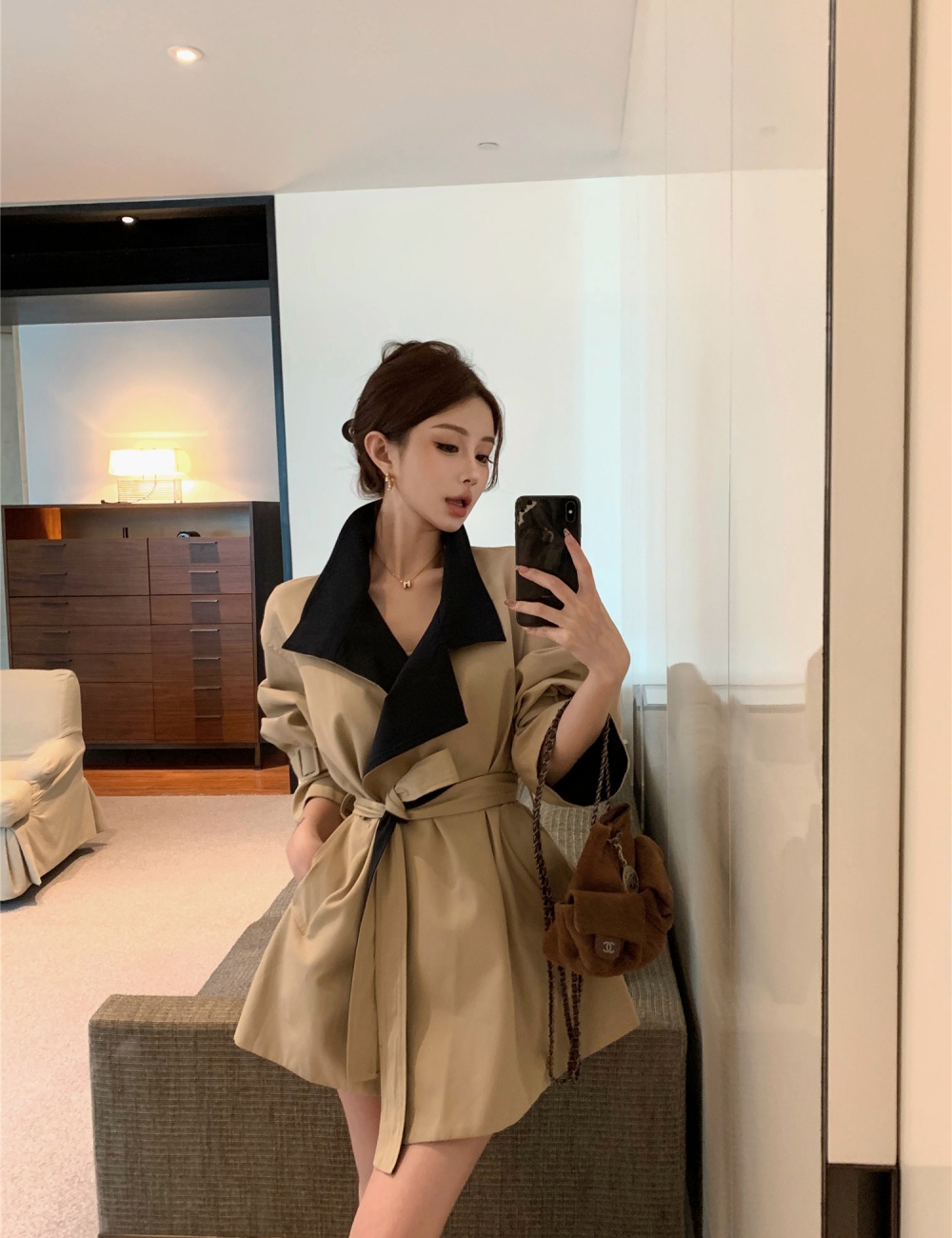 Lapel windbreaker temperament overcoat for women