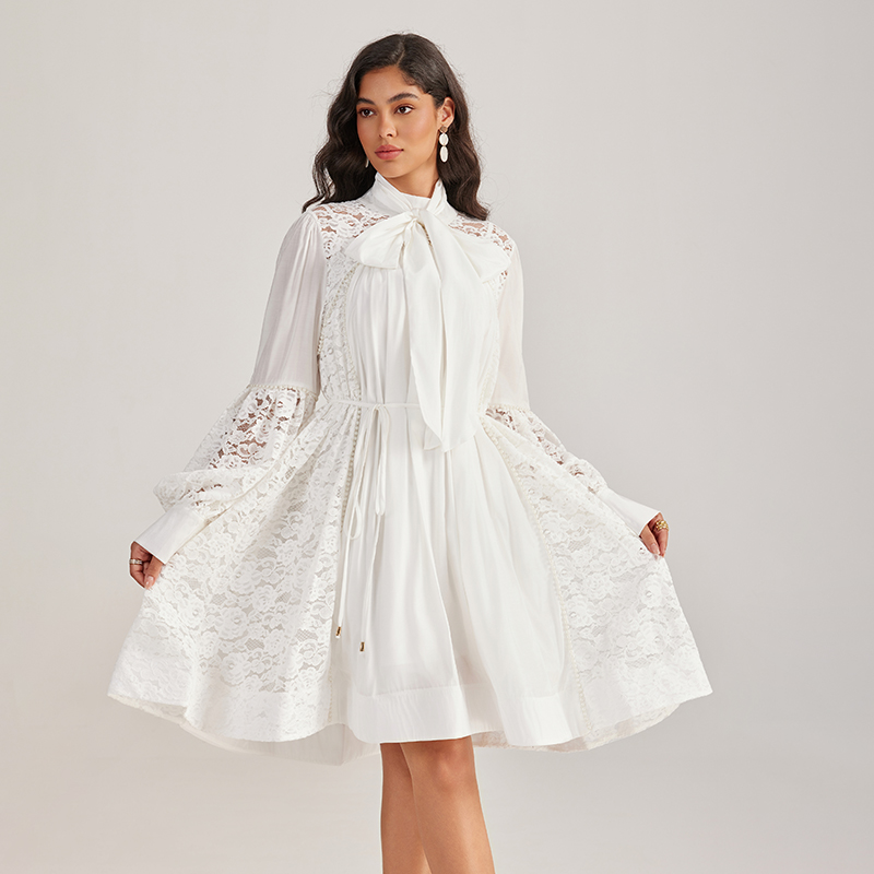 Lace long sleeve beading court style splice dress