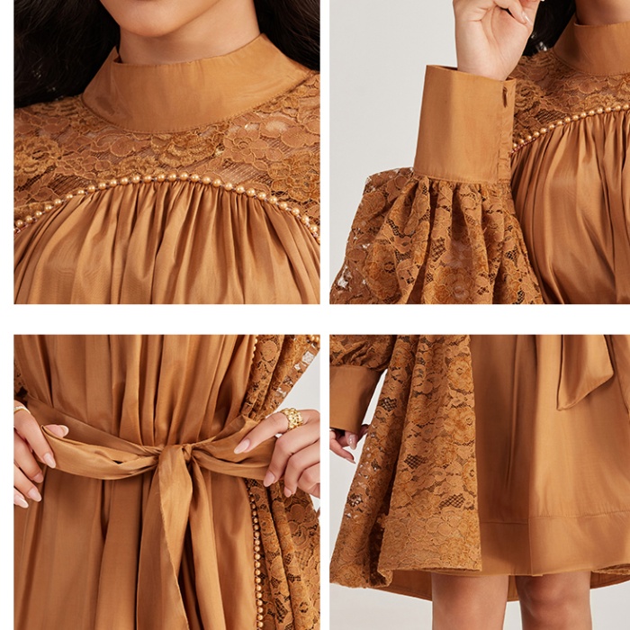 Lace long sleeve beading court style splice dress