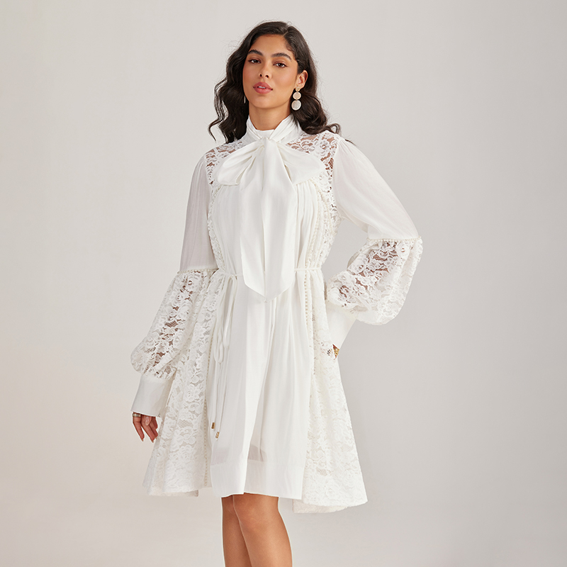 Lace long sleeve beading court style splice dress