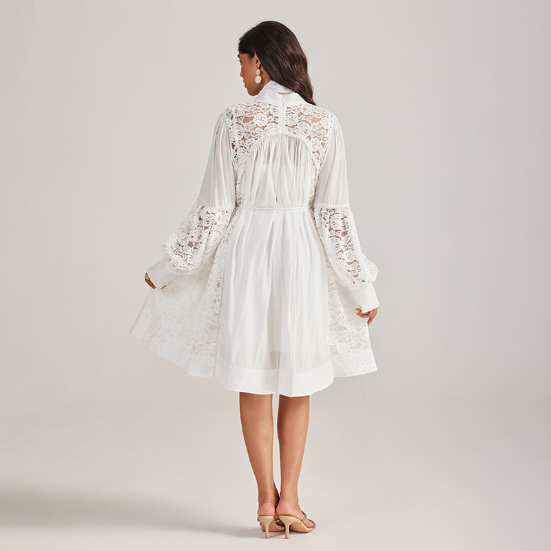 Lace long sleeve beading court style splice dress