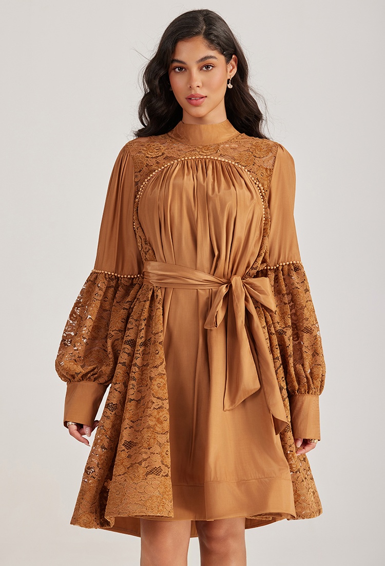 Lace long sleeve beading court style splice dress