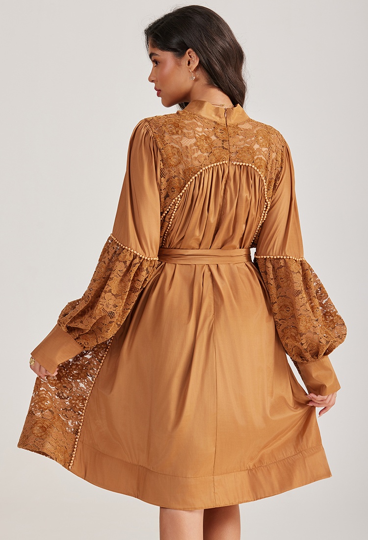 Lace long sleeve beading court style splice dress