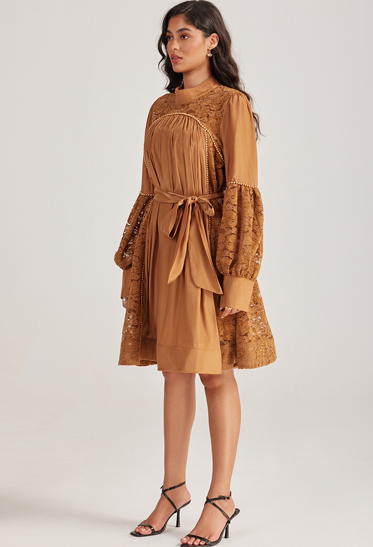 Lace long sleeve beading court style splice dress