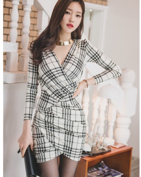Korean style bottoming sexy slim V-neck houndstooth dress