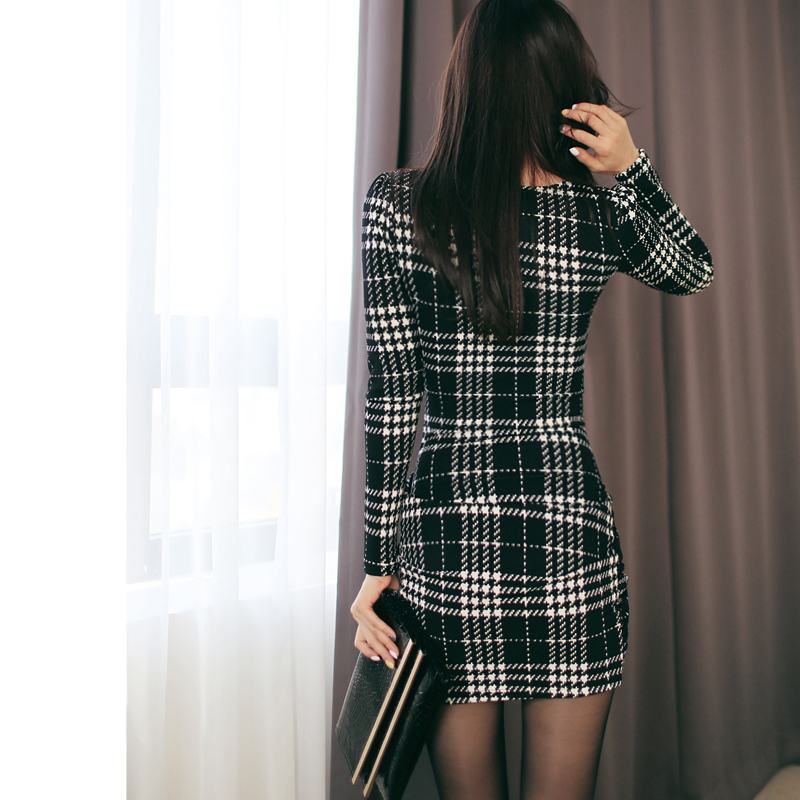 Korean style bottoming sexy slim V-neck houndstooth dress