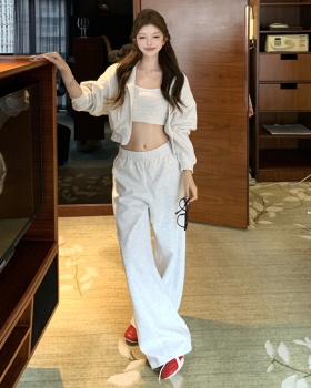 Long sleeve navel casual pants U-neck zip coat 3pcs set