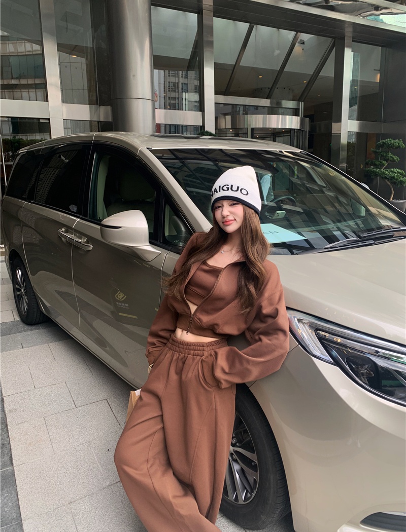 Long sleeve navel casual pants U-neck zip coat 3pcs set