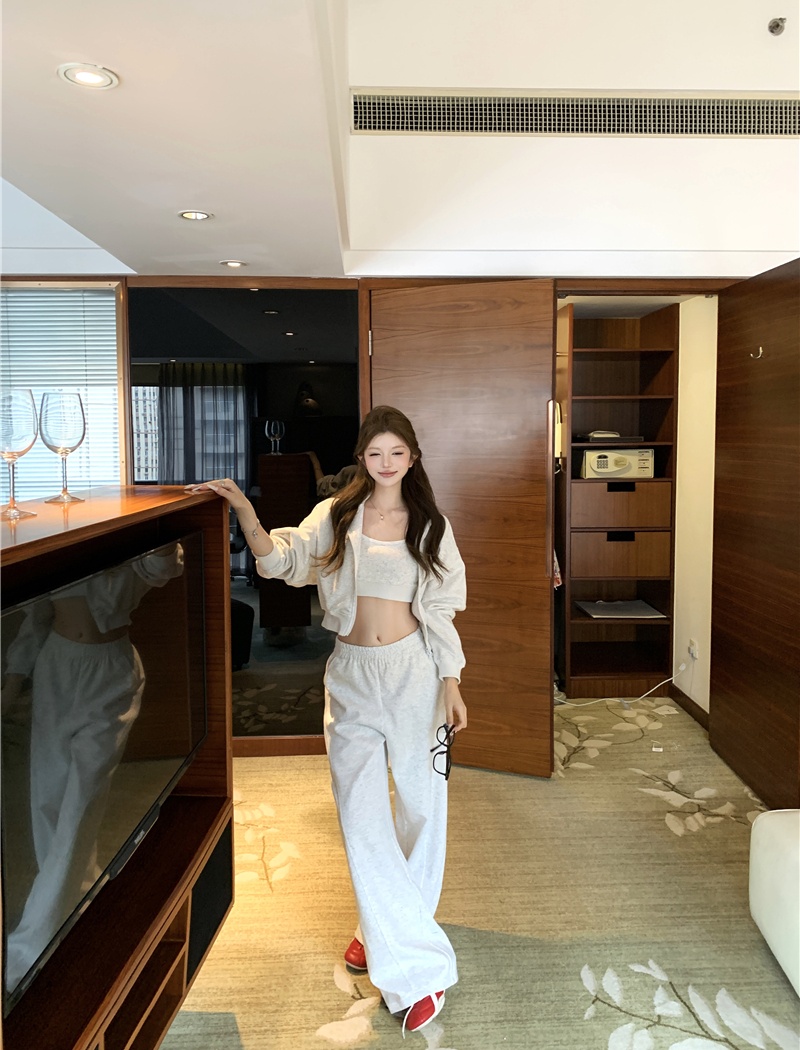Long sleeve navel casual pants U-neck zip coat 3pcs set