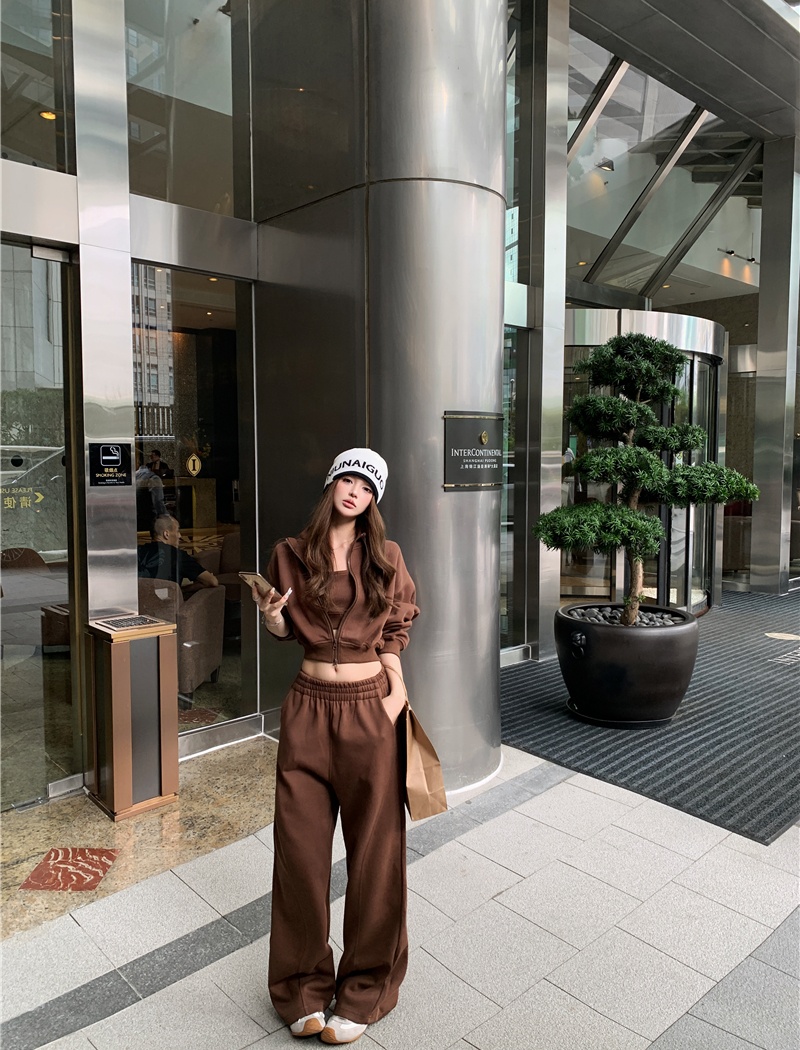 Long sleeve navel casual pants U-neck zip coat 3pcs set