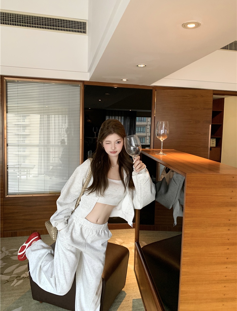 Long sleeve navel casual pants U-neck zip coat 3pcs set