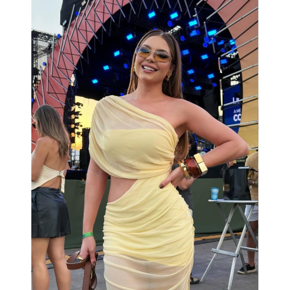 Gauze split sexy sloping shoulder fashion dress