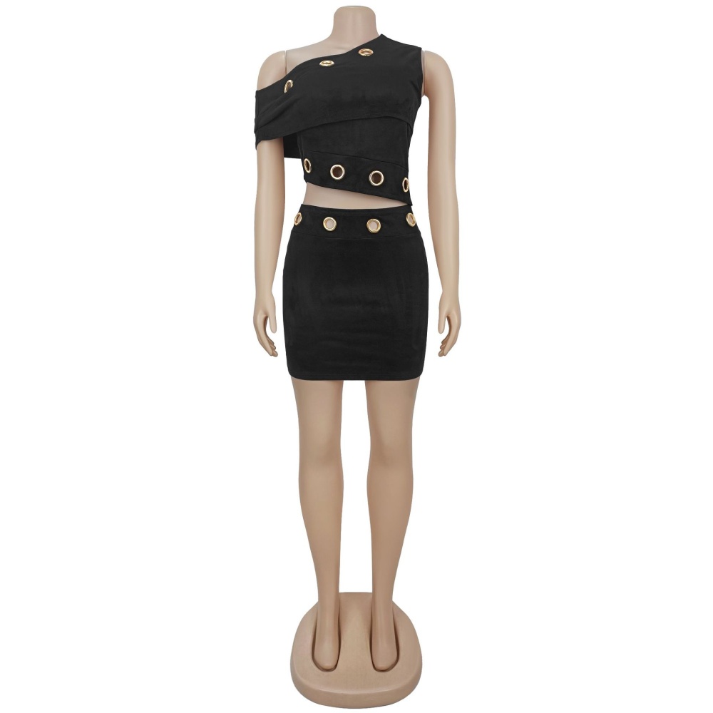Sloping shoulder tops short skirt 2pcs set