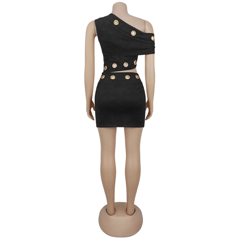 Sloping shoulder tops short skirt 2pcs set