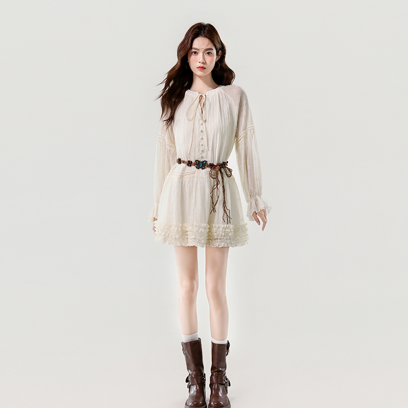 V-neck autumn sweet frenum romantic dress