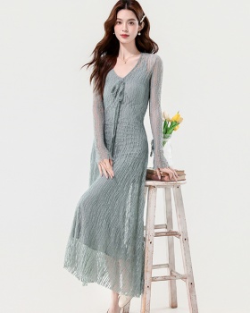 France style elegant trumpet sleeves dress 2pcs set