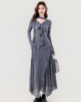 Slim lotus leaf edges long elasticity skirt 2pcs set