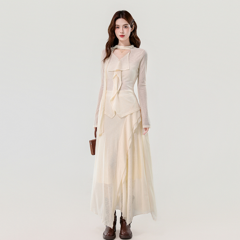 Slim lotus leaf edges long elasticity skirt 2pcs set