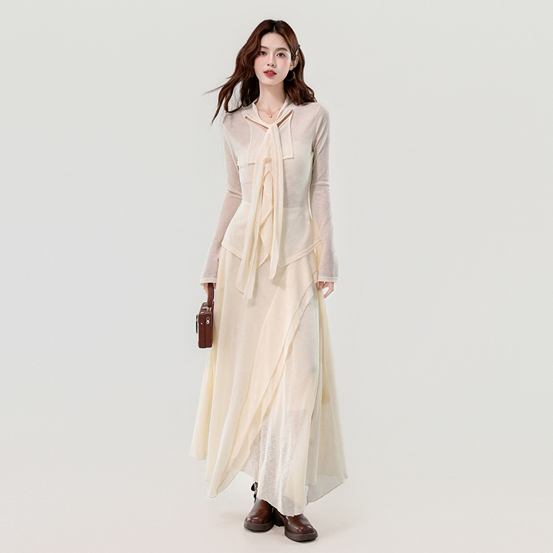 Slim lotus leaf edges long elasticity skirt 2pcs set