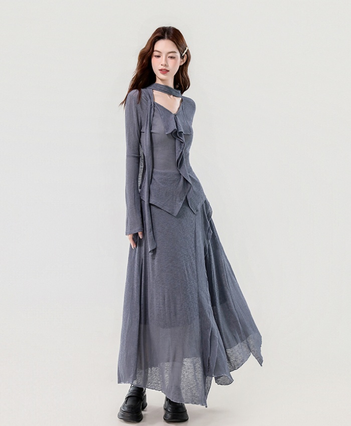 Slim lotus leaf edges long elasticity skirt 2pcs set