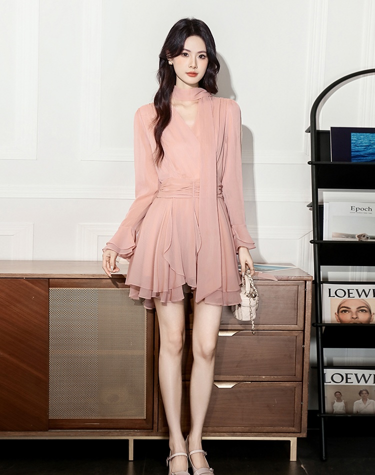 Elegant chiffon autumn lotus leaf edges romantic dress