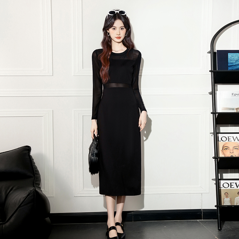 Elasticity long gauze autumn all-match simple dress
