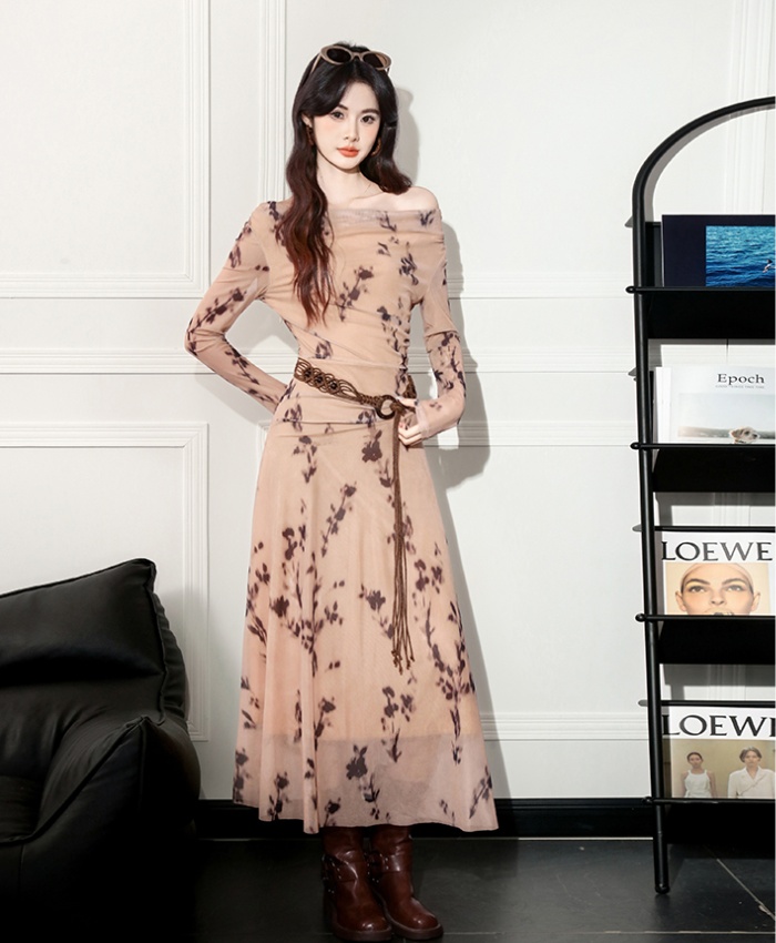Long gauze big skirt elasticity France style floral dress
