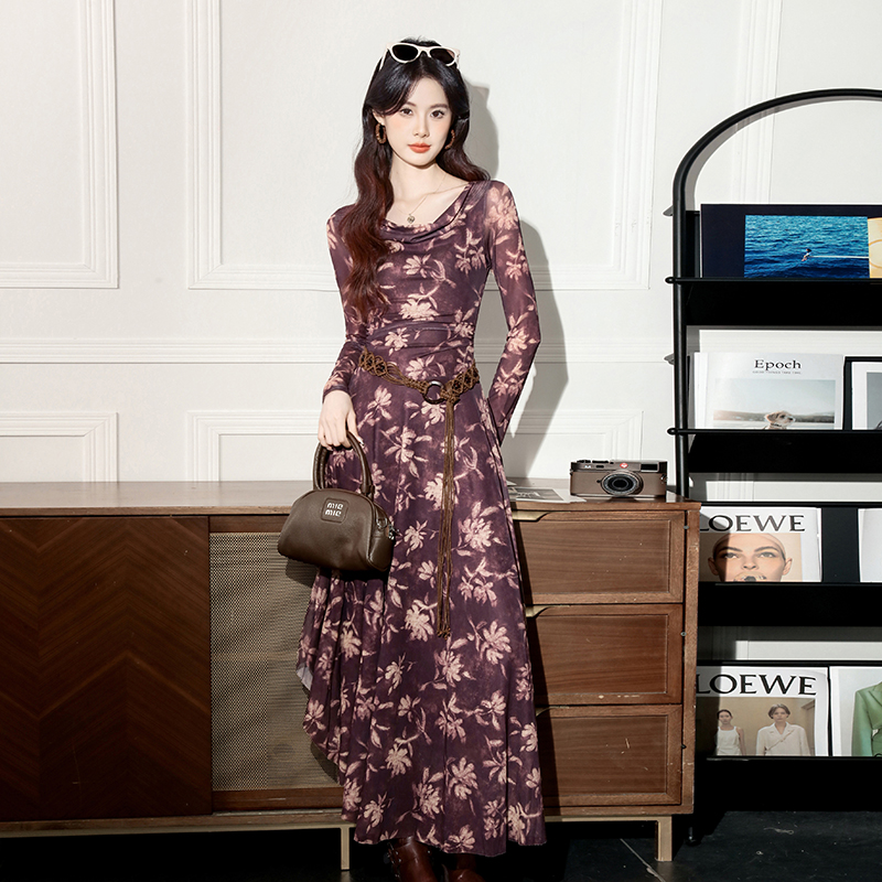 Long gauze big skirt elasticity France style floral dress