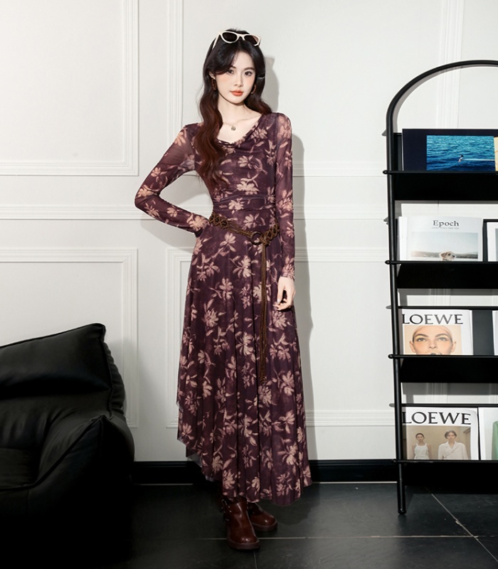 Long gauze big skirt elasticity France style floral dress