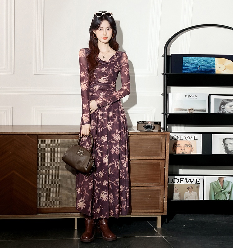 Long gauze big skirt elasticity France style floral dress