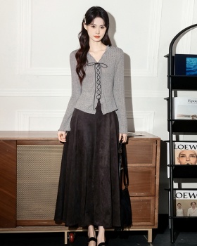 Wood ear long sleeve slim tops bandage Korean style skirt