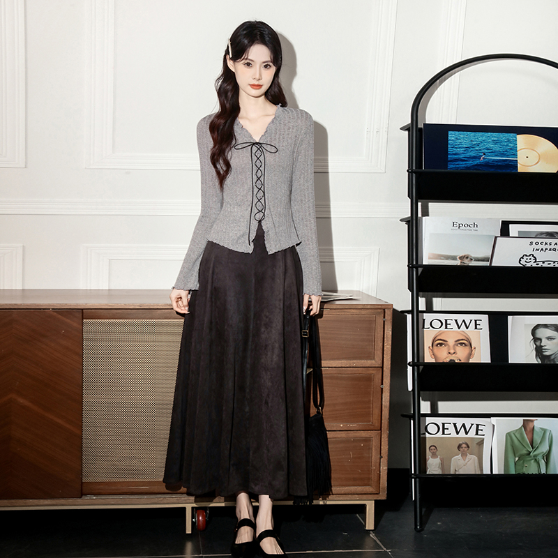 Wood ear long sleeve slim tops bandage Korean style skirt