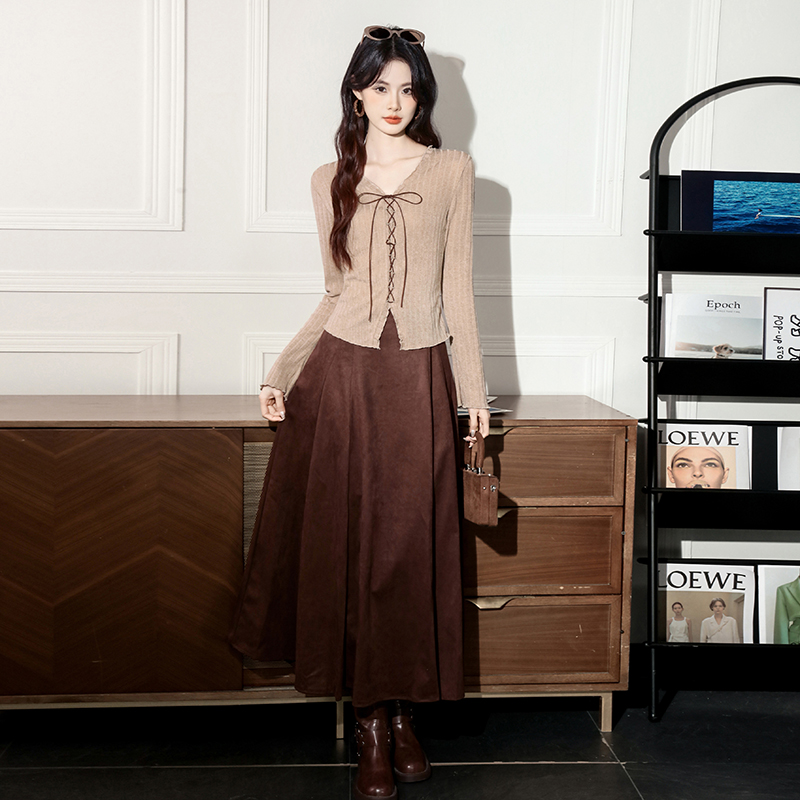 Wood ear long sleeve slim tops bandage Korean style skirt