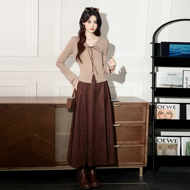 Wood ear long sleeve slim tops bandage Korean style skirt