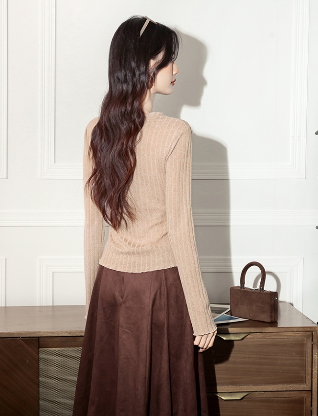 Wood ear long sleeve slim tops bandage Korean style skirt