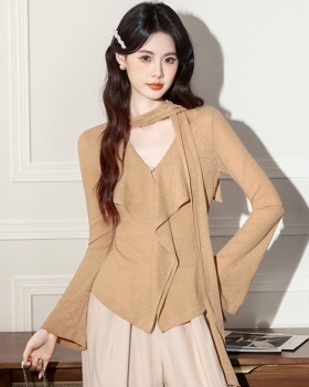 Autumn V-neck lotus leaf edges streamer tops