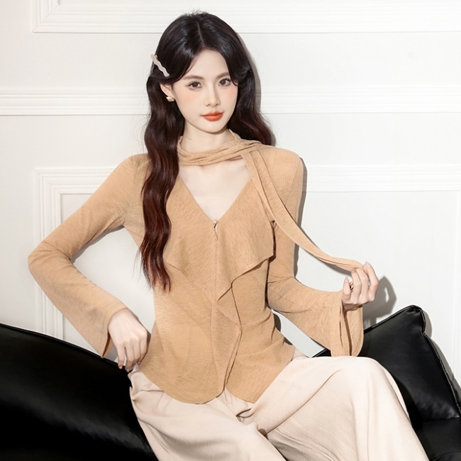 Autumn V-neck lotus leaf edges streamer tops